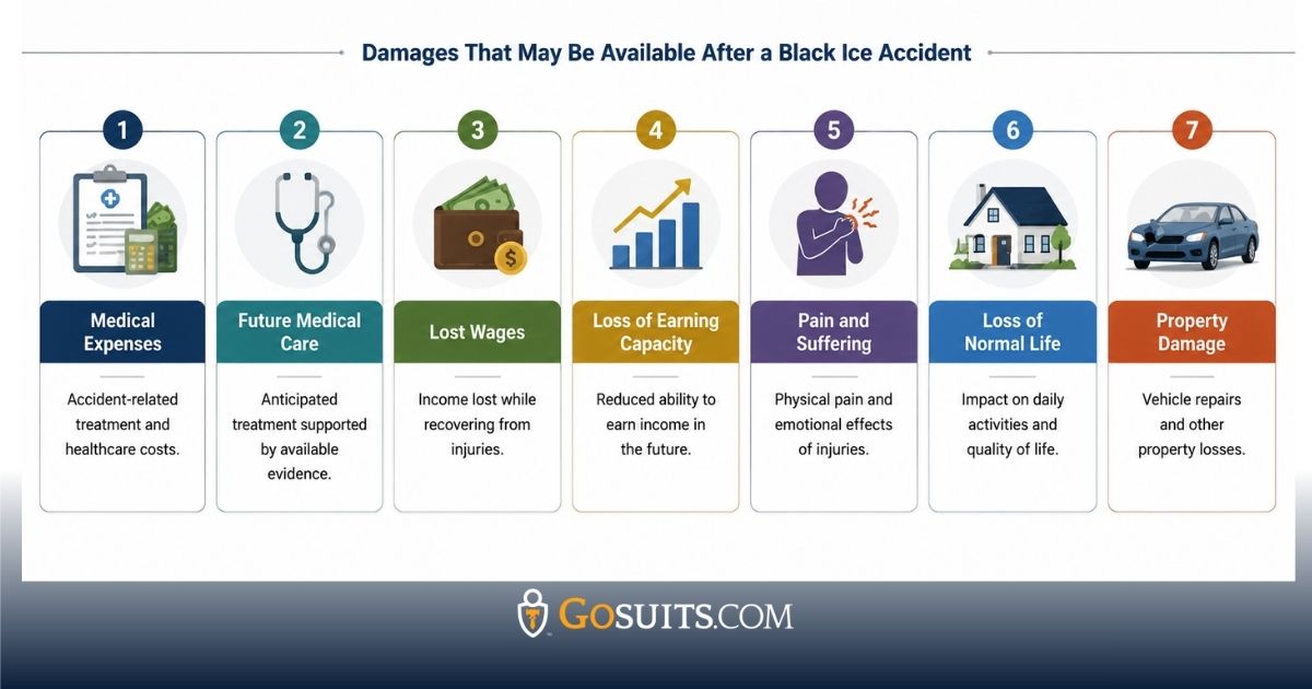Infographic showing potential damages available after a black ice accident, including medical expenses, future medical care, lost wages, loss of earning capacity, pain and suffering, loss of normal life, and property damage.