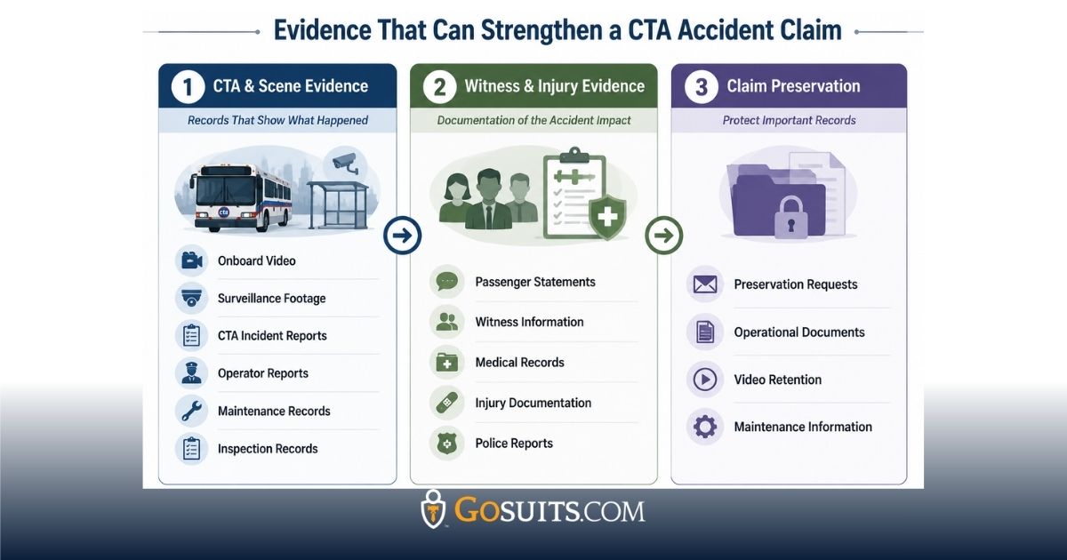 Infographic showing evidence that can strengthen a CTA accident claim, including CTA and scene records, witness and injury documentation, and claim preservation steps.