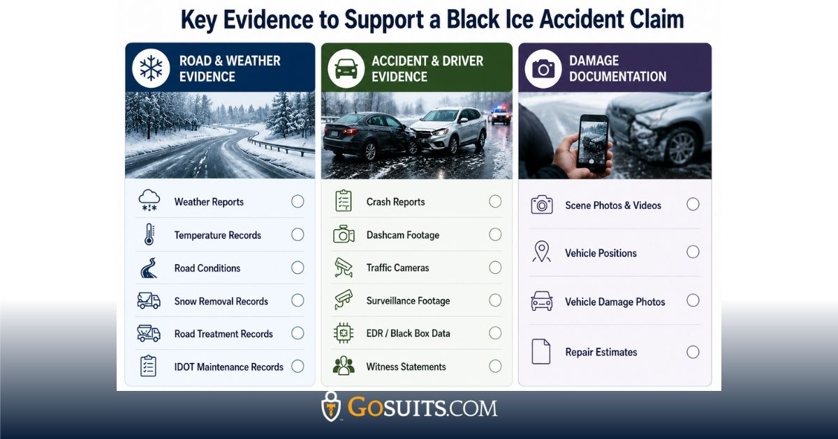 Infographic showing key evidence categories for an Illinois black ice accident claim, including road and weather records, accident and driver evidence, and damage documentation.