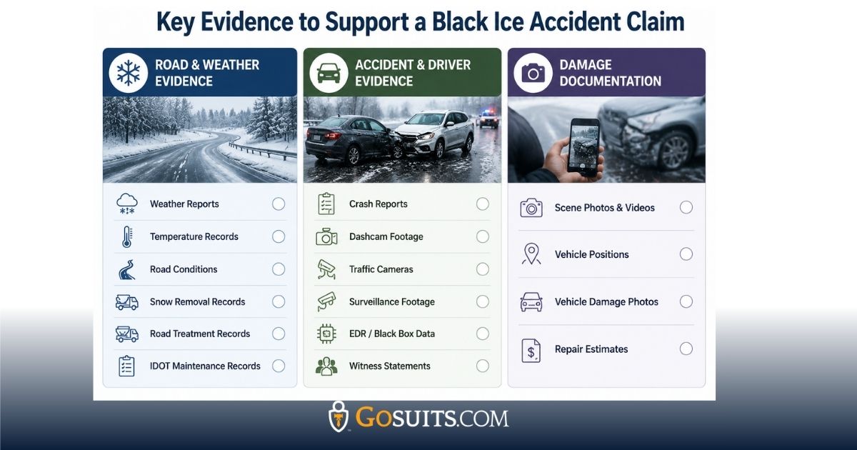 Infographic showing key evidence categories for an Illinois black ice accident claim, including road and weather records, accident and driver evidence, and damage documentation.
