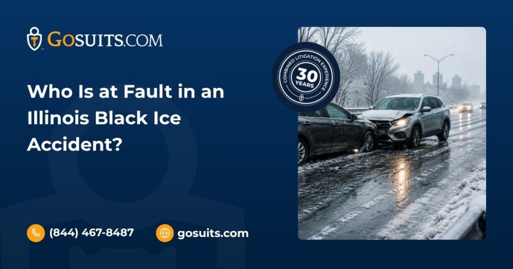 Illustration showing an Illinois black ice accident with vehicles on a slippery roadway, highlighting questions of fault and responsibility after a winter crash.