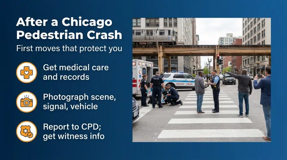 After a Chicago Pedestrian Crash — First moves that protect you: Get medical care and records; Photograph scene, signal, vehicle; Report to CPD; get witness info