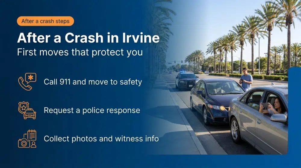 After a Crash in Irvine - First moves that protect you: Call 911 and move to safety; Request a police response; Collect photos and witness info