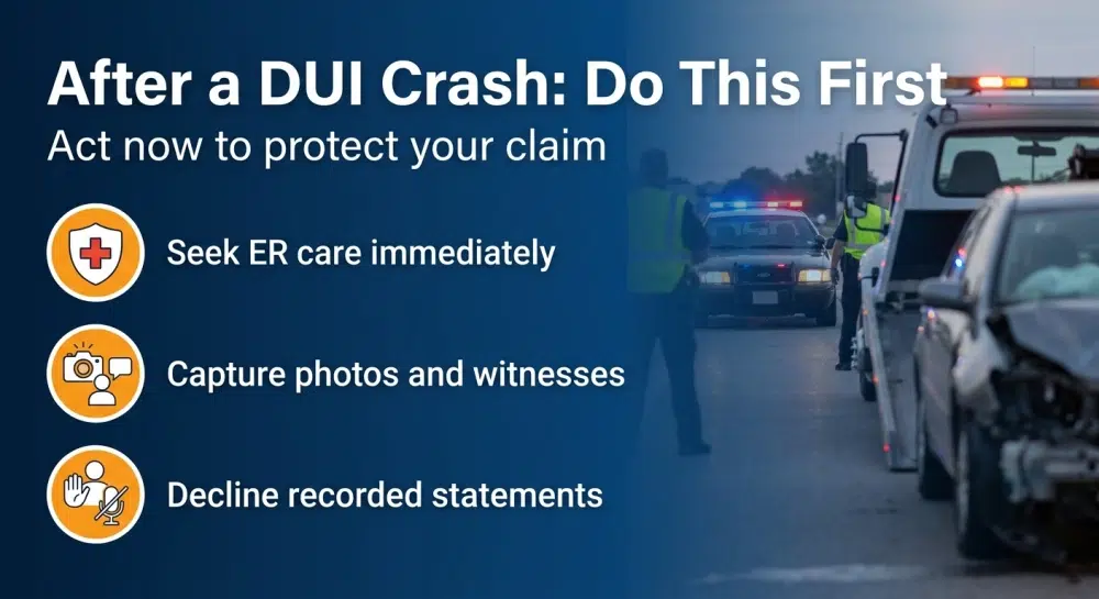 After a DUI Crash: Do This First — Act now to protect your claim. Seek ER care immediately; Capture photos and witnesses; Decline recorded statements.