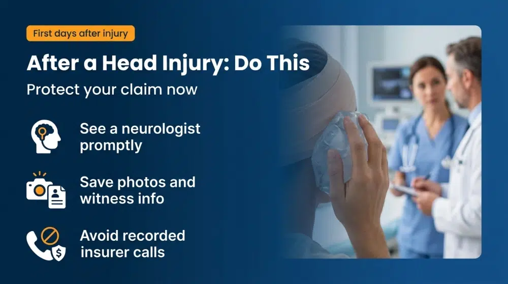 After a Head Injury: Do This - Protect your claim now: See a neurologist promptly; Save photos and witness info; Avoid recorded insurer calls