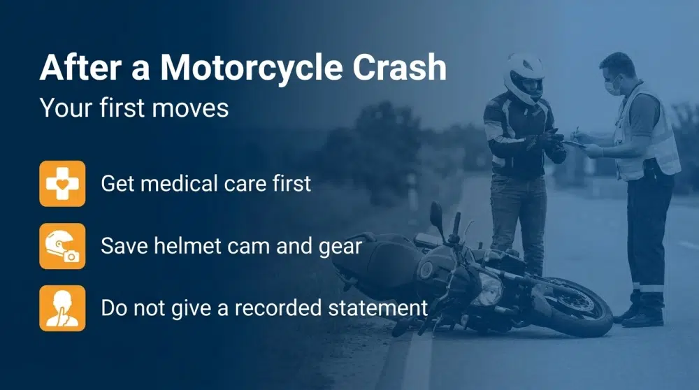 After a Motorcycle Crash infographic — Your first moves: Get medical care first; Save helmet cam and gear; Do not give a recorded statement