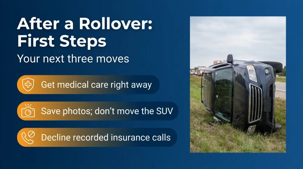 After a Rollover: First Steps — Get medical care, Save photos, Decline recorded insurance calls
