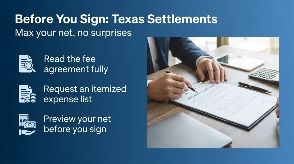 Before You Sign: Texas Settlements — Max your net, no surprises. Read the fee agreement fully; Request an itemized expense list; Preview your net before you sign.