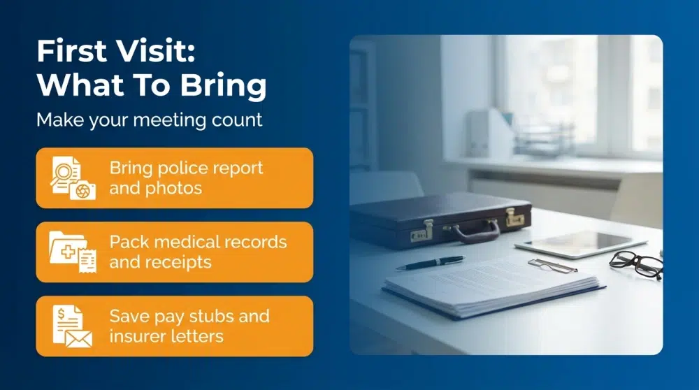 First Visit: What To Bring infographic — Bring police report and photos, medical records, pay stubs