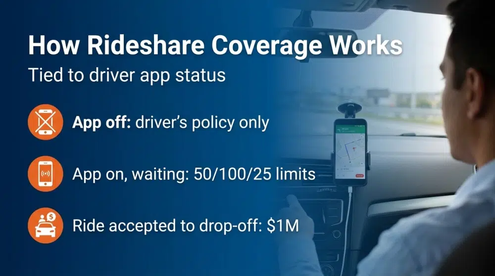 How Rideshare Coverage Works — Tied to driver app status: App off, App on waiting, Ride accepted to drop-off