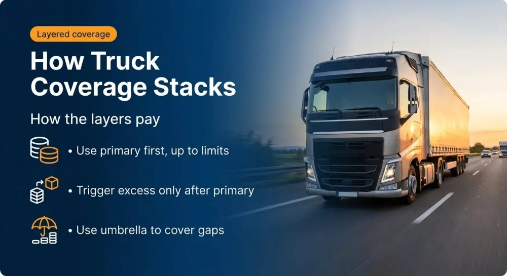 How Truck Coverage Stacks — How the layers pay: Use primary first, up to limits; Trigger excess only after primary; Use umbrella to cover gaps