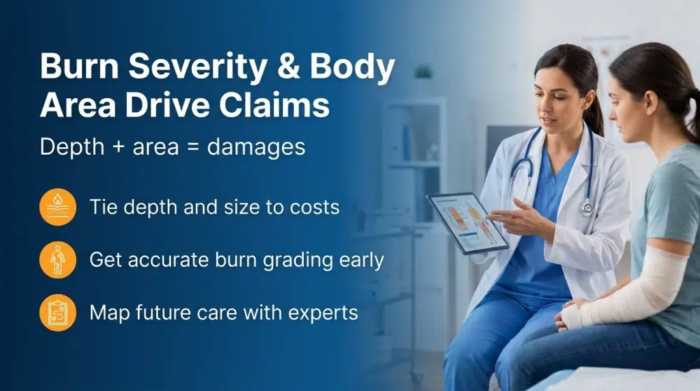 Infographic: Burn Severity & Body Area Drive Claims — Depth + area = damages