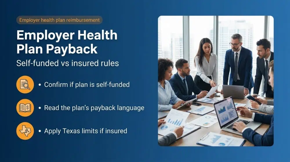 Infographic: Employer Health Plan Payback — Confirm if plan is self-funded; Read the plan's payback language; Apply Texas limits if insured