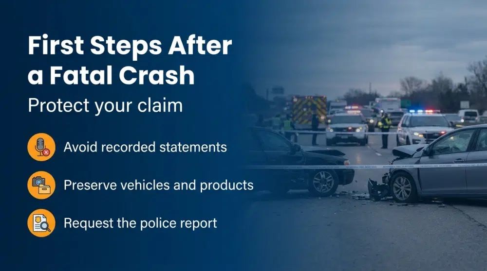 Infographic: First Steps After a Fatal Crash — Avoid recorded statements; Preserve vehicles and products; Request the police report