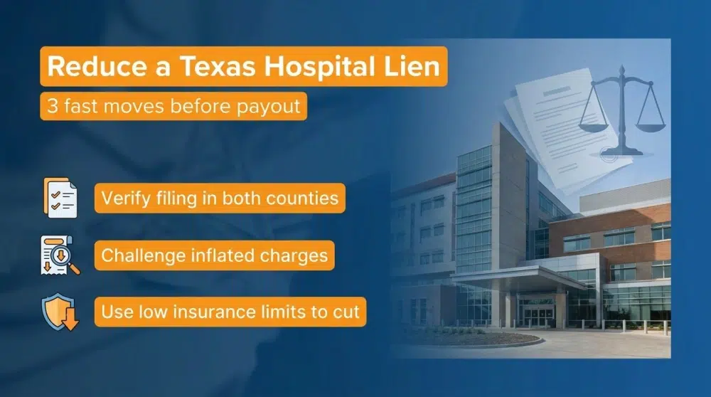 Infographic: Reduce a Texas Hospital Lien — Verify filing in both counties; Challenge inflated charges; Use low insurance limits to cut