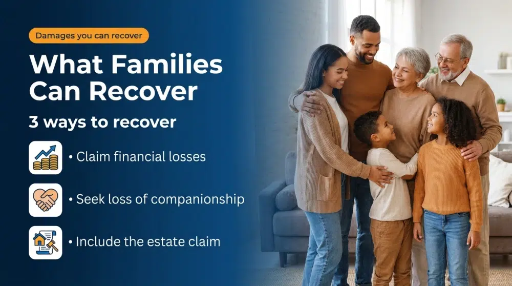 Infographic: What Families Can Recover — Claim financial losses; Seek loss of companionship; Include the estate claim