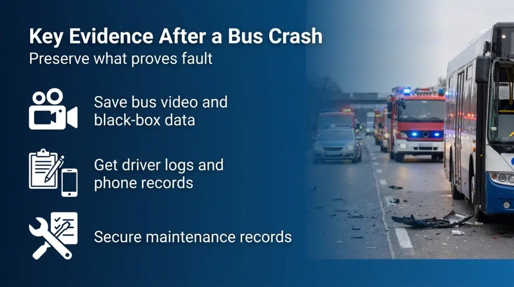 Key Evidence After a Bus Crash infographic — Preserve what proves fault. Save bus video and black-box data; Get driver logs and phone records; Secure maintenance records.