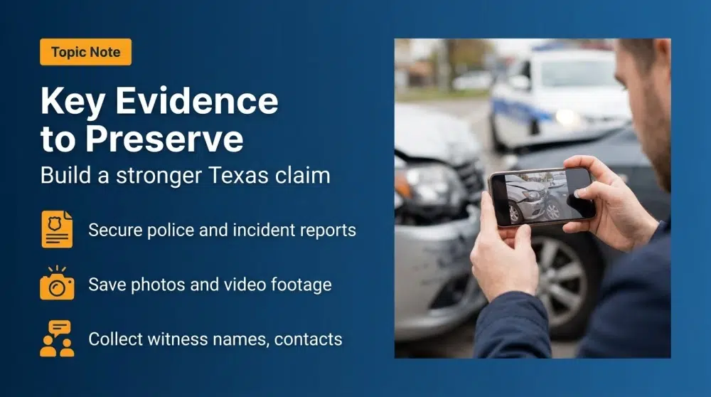 Key Evidence to Preserve — Build a stronger Texas claim: Secure police and incident reports; Save photos and video footage; Collect witness names and contacts