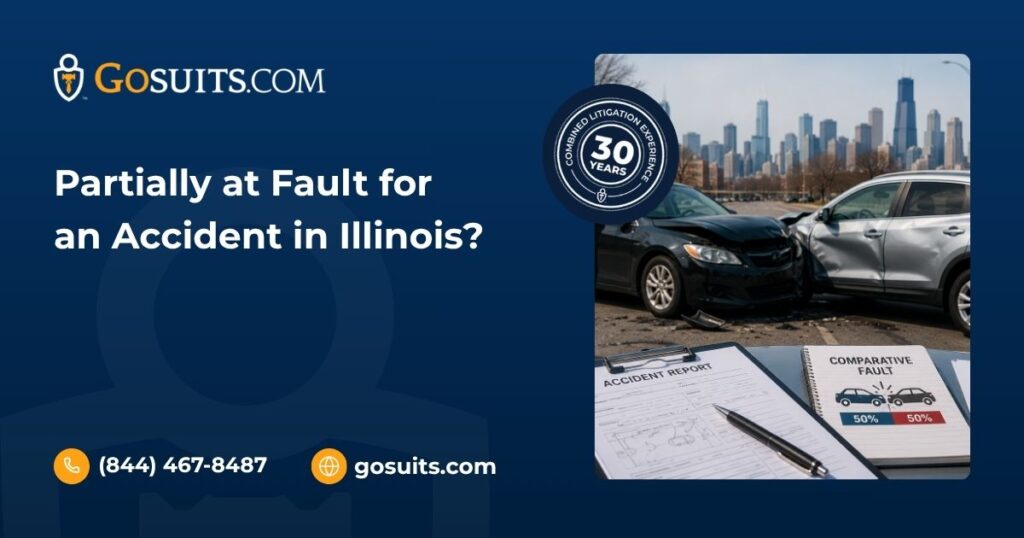 Illustration of two vehicles involved in an Illinois traffic collision with an accident scene investigation, highlighting shared responsibility, comparative fault assessment, and insurance claim evaluation after a crash.