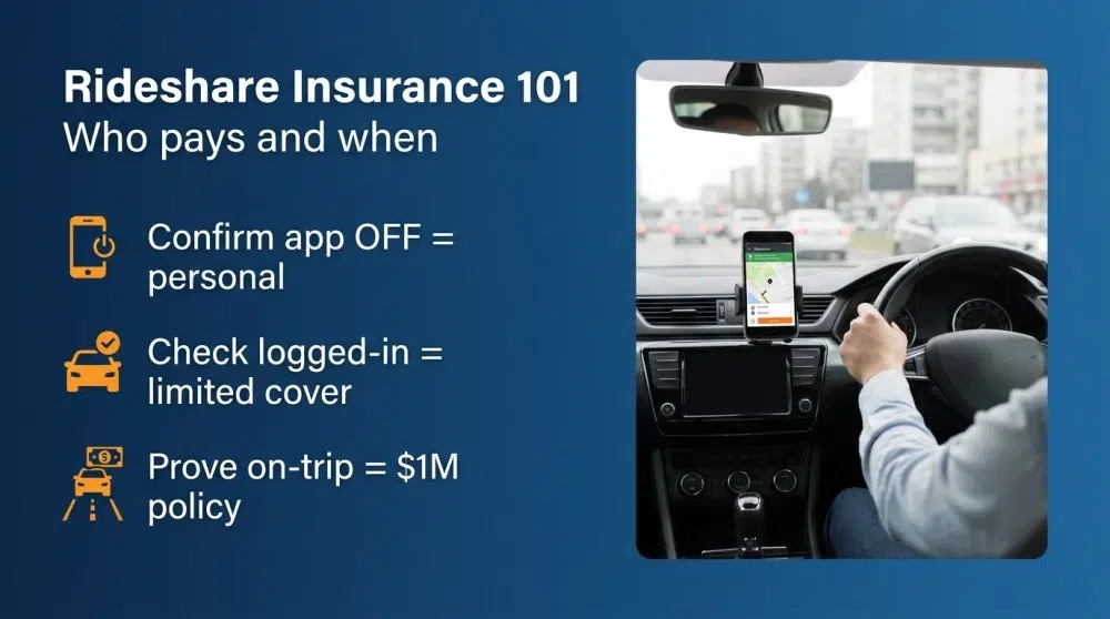 Rideshare Insurance 101 infographic: Who pays and when