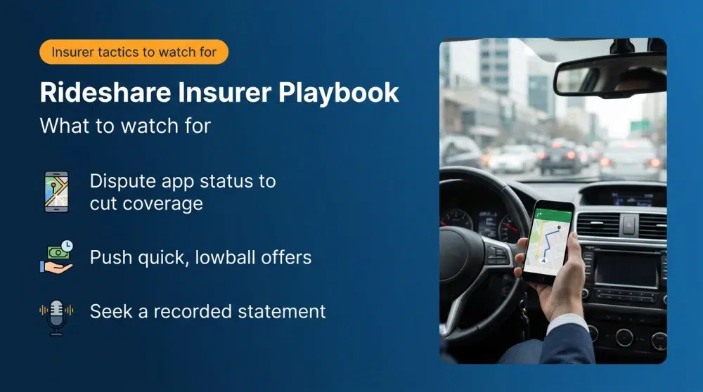 Rideshare Insurer Playbook — Dispute app status; Push quick lowball offers; Seek recorded statements