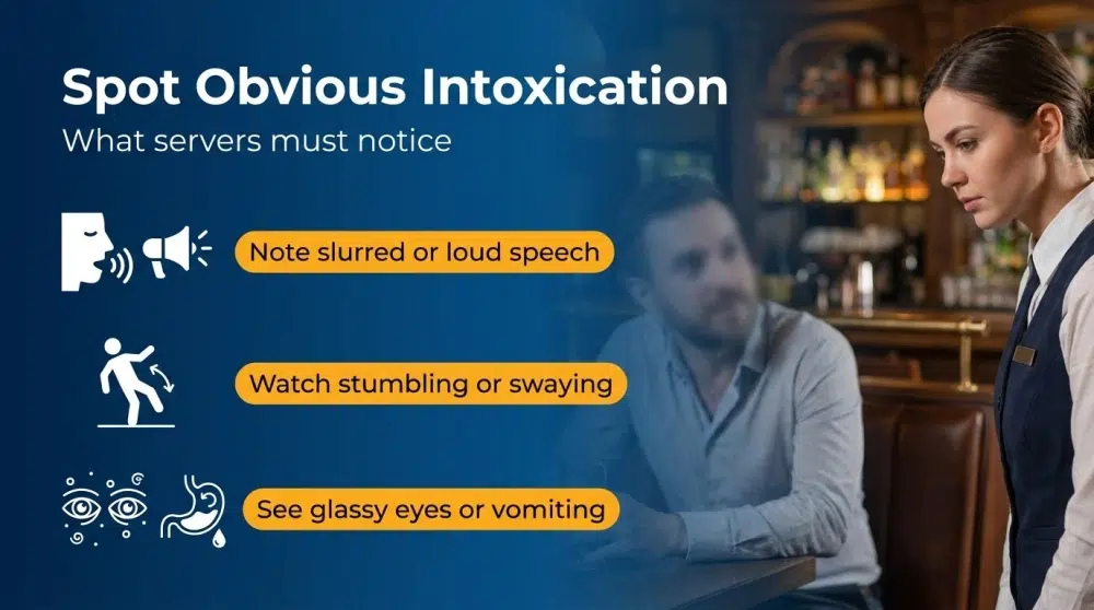 Spot Obvious Intoxication infographic: What servers must notice — Note slurred or loud speech; Watch stumbling or swaying; See glassy eyes or vomiting