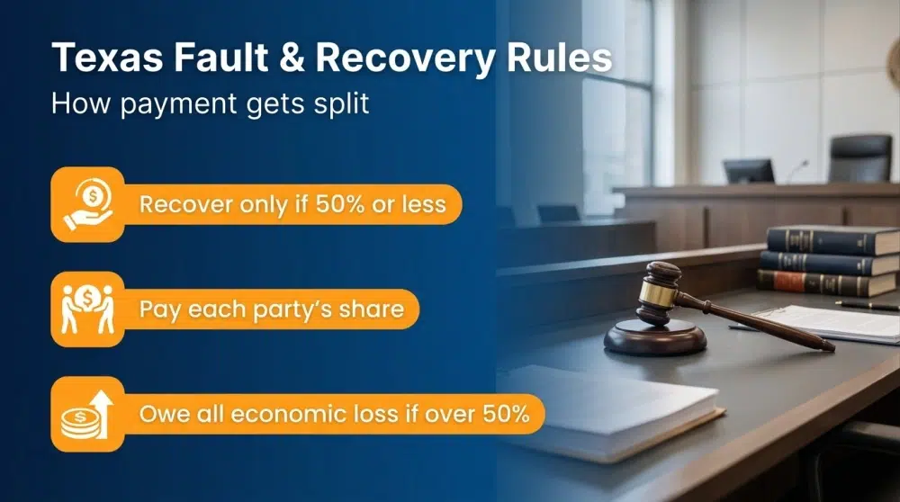 Texas Fault & Recovery Rules — How payment gets split: Recover only if 50% or less; Pay each party's share; Owe all economic loss if over 50%