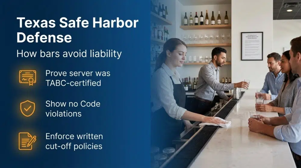 Texas Safe Harbor Defense infographic: How bars avoid liability — Prove server was TABC-certified; Show no Code violations; Enforce written cut-off policies