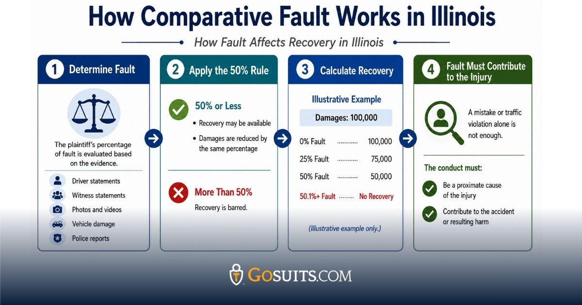 An infographic showing how comparative fault works in Illinois, including fault determination, the 50% rule, reduced recovery, and causation.
Show less