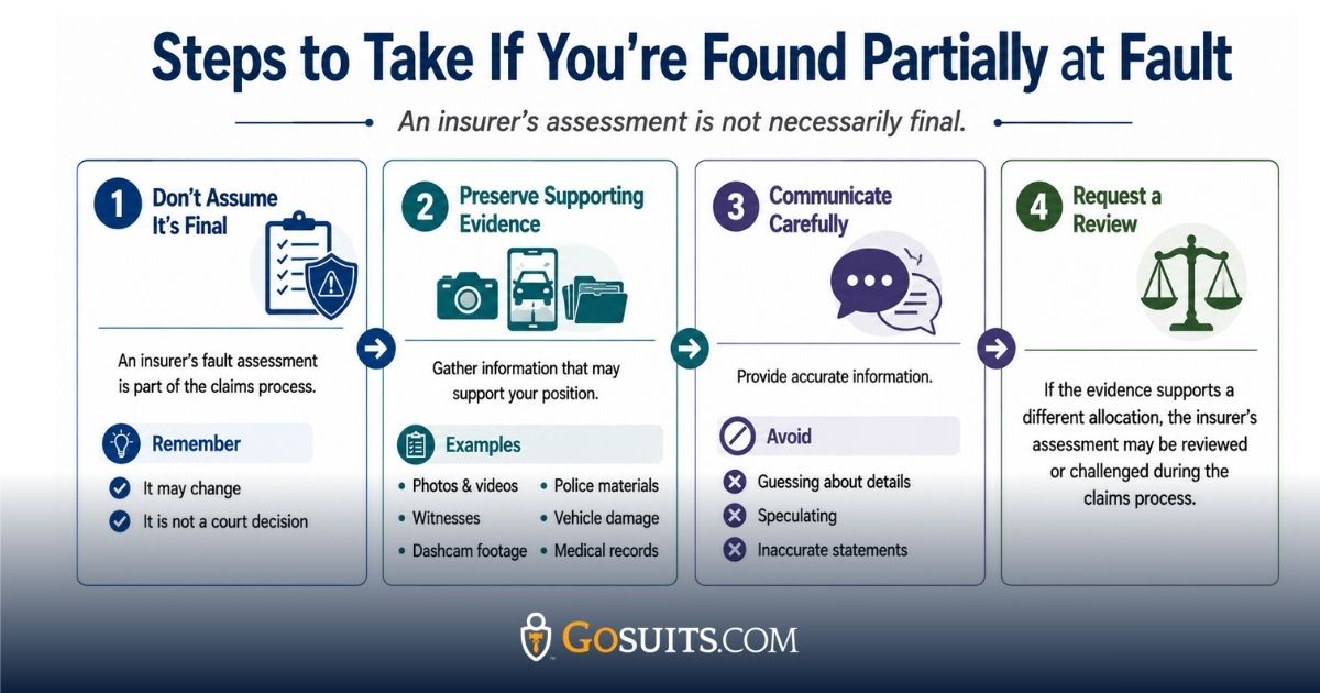 Horizontal infographic outlining four steps to take after being found partially at fault in an Illinois accident claim, including understanding that an insurer's assessment is not final, preserving evidence, communicating carefully, and requesting a review if the evidence supports a different allocation.