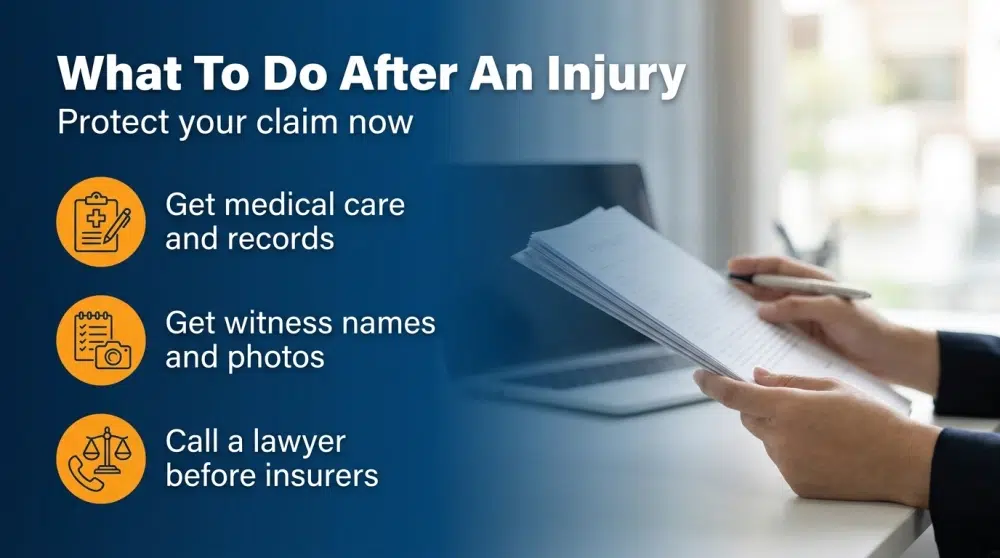 What To Do After An Injury infographic — Get medical care and records, get witness names and photos, call a lawyer before insurers