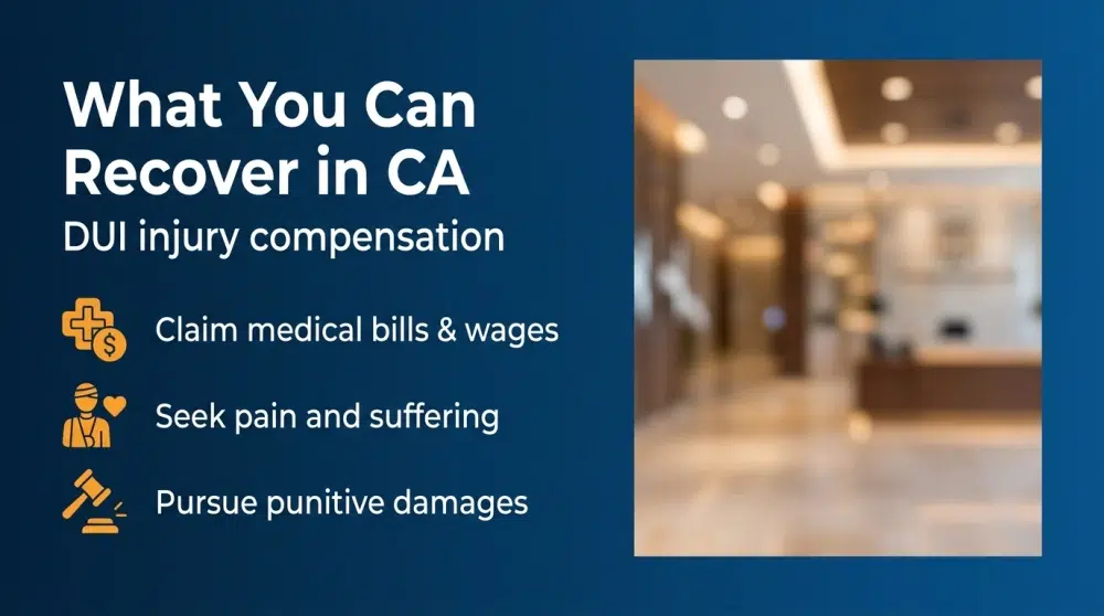 What You Can Recover in CA — DUI injury compensation. Claim medical bills & wages; Seek pain and suffering; Pursue punitive damages.