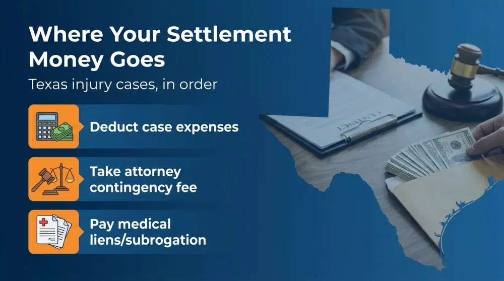Where Your Settlement Money Goes — Texas injury cases, in order. Deduct case expenses; Take attorney contingency fee; Pay medical liens/subrogation.