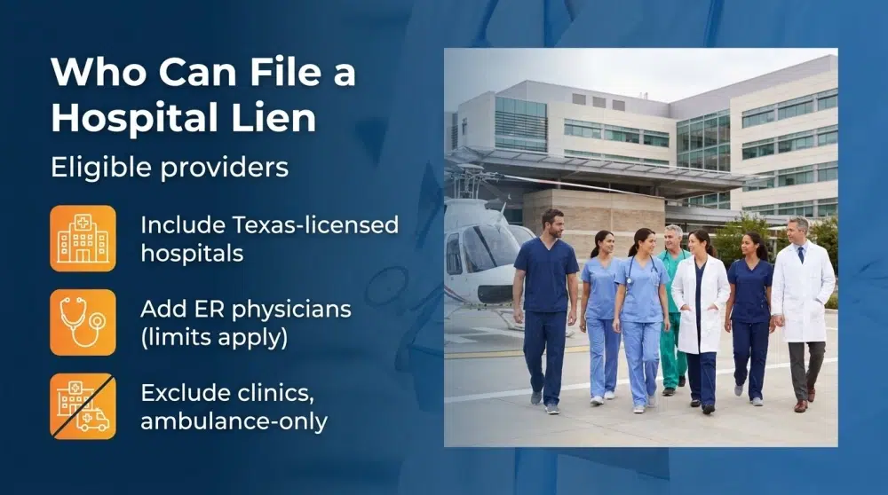 Who Can File a Hospital Lien — Eligible providers: Include Texas-licensed hospitals; Add ER physicians (limits apply); Exclude clinics, ambulance-only