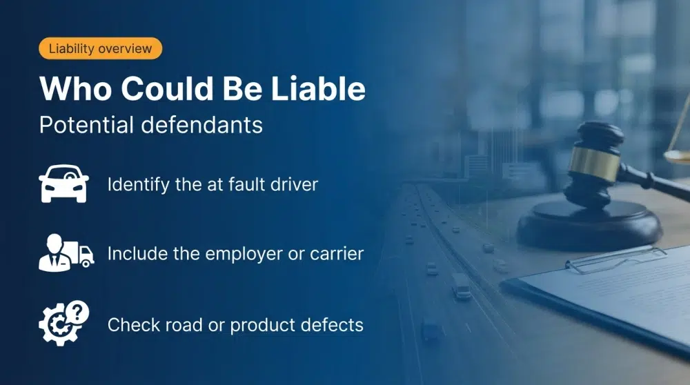 Who Could Be Liable infographic — Potential defendants: Identify the at fault driver; Include the employer or carrier; Check road or product defects