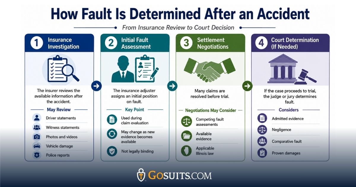 Horizontal infographic showing how fault is determined after an Illinois accident, from the insurance investigation through a possible court decision.
