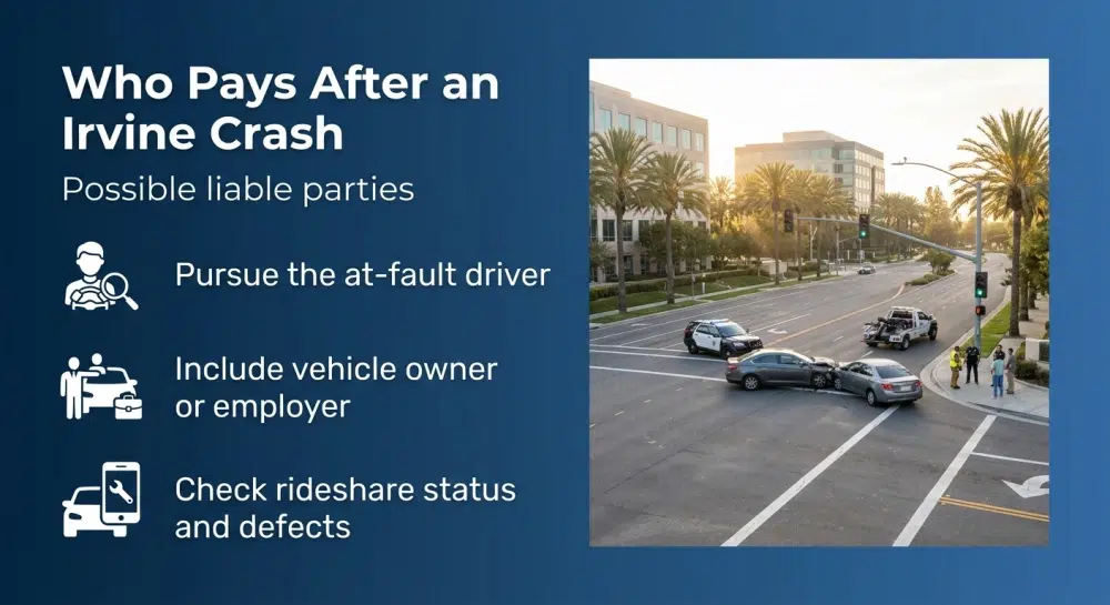 Who Pays After an Irvine Crash - Possible liable parties: Pursue the at-fault driver; Include vehicle owner or employer; Check rideshare status and defects