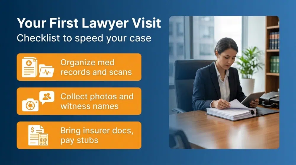Your First Lawyer Visit - Checklist to speed your case: Organize med records and scans; Collect photos and witness names; Bring insurer docs, pay stubs