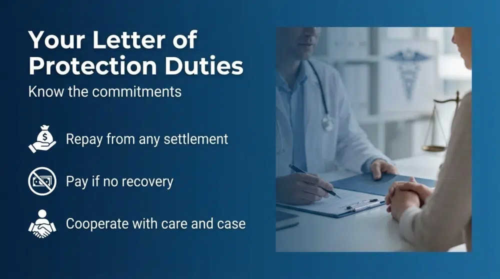 Your Letter of Protection Duties - Know the commitments: Repay from any settlement; Pay if no recovery; Cooperate with care and case
