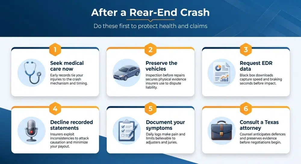 After a Rear-End Crash: Do these first to protect health and claims infographic