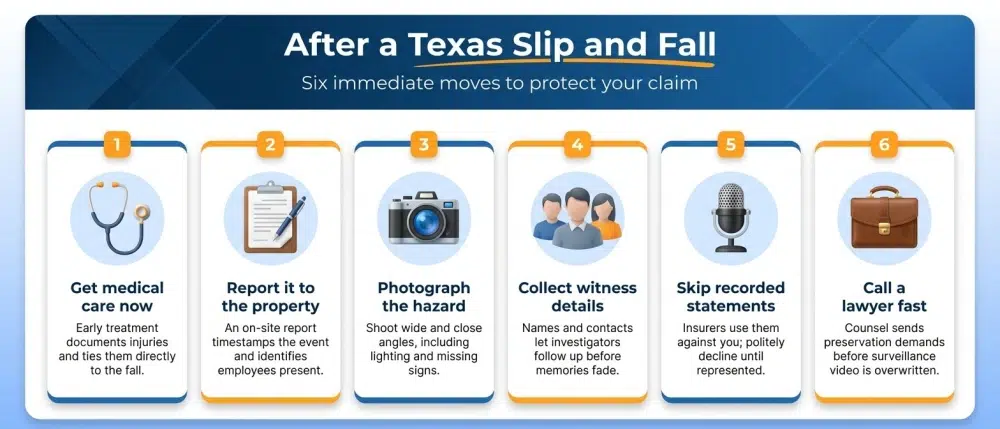 After a Texas Slip and Fall - Six immediate moves to protect your claim