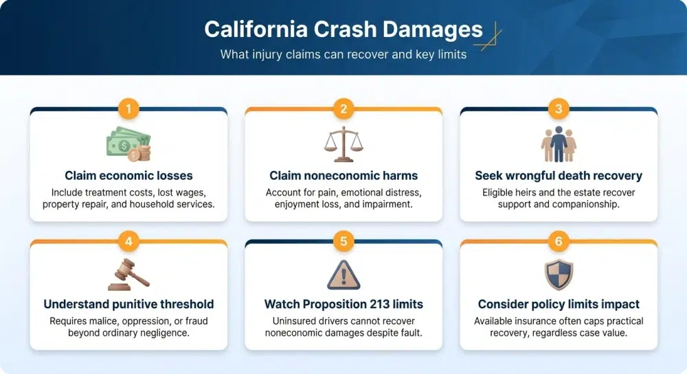 California Crash Damages infographic - what injury claims can recover and key limits