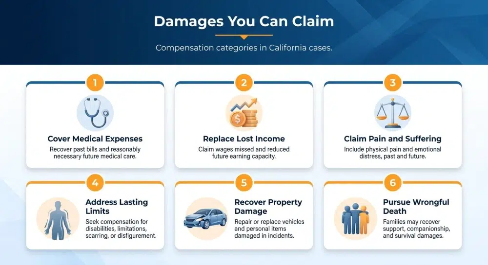 Damages You Can Claim infographic — compensation categories in California cases