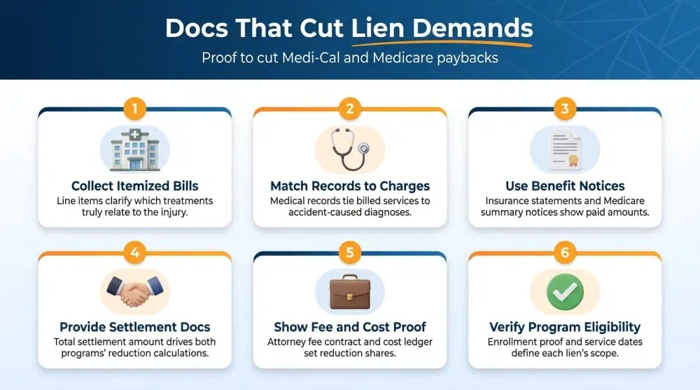 Docs That Cut Lien Demands infographic — proof to cut Medi-Cal and Medicare paybacks