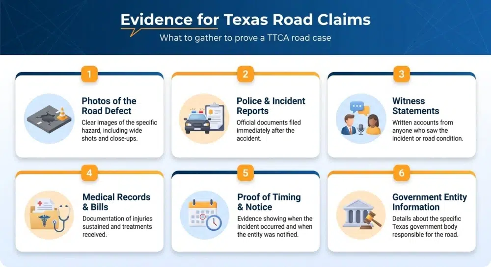 Evidence for Texas Road Claims — What to gather to prove a TTCA road case