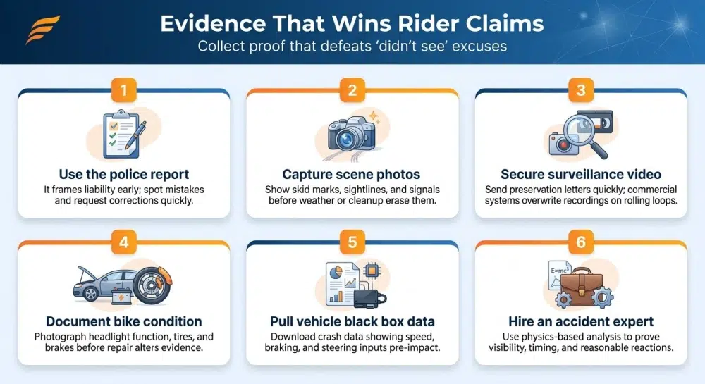 Evidence That Wins Rider Claims — collect police report, scene photos, surveillance, bike documentation, EDR data, and expert analysis
