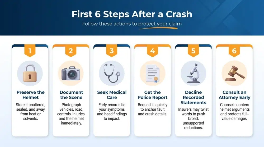 First 6 Steps After a Crash infographic — Preserve the helmet; Document the scene; Seek medical care; Get the police report; Decline recorded statements; Consult an attorney