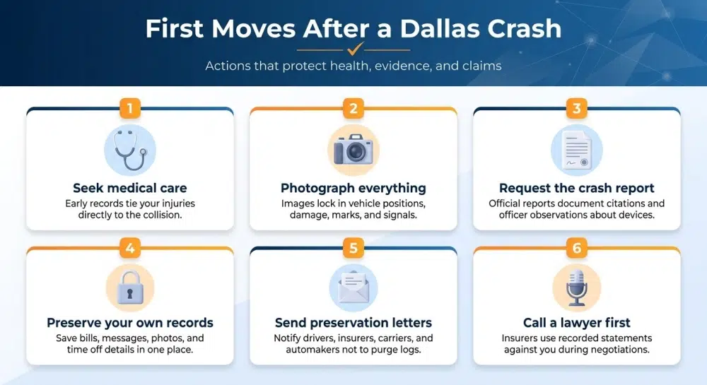 First Moves After a Dallas Crash — infographic of actions to protect health, evidence, and claims