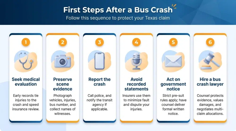First Steps After a Bus Crash — Follow this sequence to protect your Texas claim