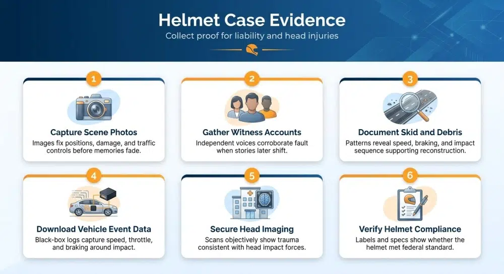 Helmet Case Evidence infographic — Capture scene photos; Gather witness accounts; Document skid and debris; Download vehicle event data; Secure head imaging; Verify helmet compliance